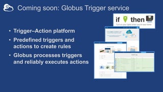Coming soon: Globus Trigger service
• Trigger–Action platform
• Predefined triggers and
actions to create rules
• Globus processes triggers
and reliably executes actions
 