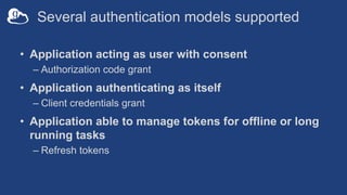 Several authentication models supported
• Application acting as user with consent
– Authorization code grant
• Application...