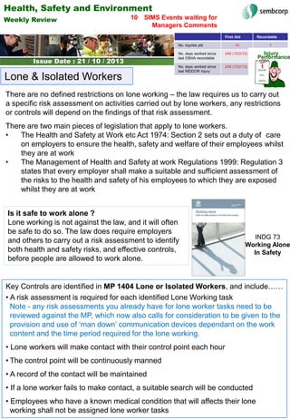 Health, Safety and Environment
Weekly Review

10 SIMS Events waiting for
Managers Comments
First Aid
No. injuries ytd

Issue Date:
Issue Date : 21 / 10 / 2013

Lone & Isolated Workers

Recordable

14

1

No. days worked since
last OSHA recordable

248 (15/2/13)

No. days worked since
last RIDDOR injury

248 (15/2/13)

Injury
Performance

1

INJURY
THS
WEEK

There are no defined restrictions on lone working – the law requires us to carry out
a specific risk assessment on activities carried out by lone workers, any restrictions
or controls will depend on the findings of that risk assessment.
There are two main pieces of legislation that apply to lone workers.
•
The Health and Safety at Work etc Act 1974: Section 2 sets out a duty of care
on employers to ensure the health, safety and welfare of their employees whilst
they are at work
•
The Management of Health and Safety at work Regulations 1999: Regulation 3
states that every employer shall make a suitable and sufficient assessment of
the risks to the health and safety of his employees to which they are exposed
whilst they are at work
Is it safe to work alone ?
Lone working is not against the law, and it will often
be safe to do so. The law does require employers
and others to carry out a risk assessment to identify
both health and safety risks, and effective controls,
before people are allowed to work alone.

INDG 73
Working Alone
In Safety

Key Controls are identified in MP 1404 Lone or Isolated Workers, and include……
• A risk assessment is required for each identified Lone Working task
Note - any risk assessments you already have for lone worker tasks need to be
reviewed against the MP, which now also calls for consideration to be given to the
provision and use of ‘man down’ communication devices dependant on the work
content and the time period required for the lone working.
• Lone workers will make contact with their control point each hour
• The control point will be continuously manned
• A record of the contact will be maintained
• If a lone worker fails to make contact, a suitable search will be conducted
• Employees who have a known medical condition that will affects their lone
working shall not be assigned lone worker tasks

 
