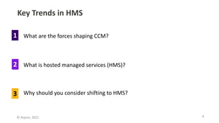 4
© Aspire, 2021
Key Trends in HMS
What are the forces shaping CCM?
What is hosted managed services (HMS)?
Why should you consider shifting to HMS?
1
2
3
 