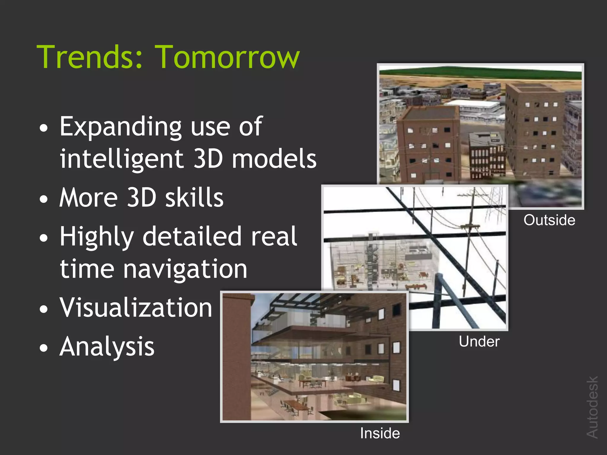 Trends: Tomorrow

• Expanding use of
  intelligent 3D models
• More 3D skills
                                           Outside
• Highly detailed real
  time navigation
• Visualization
• Analysis                         Under




                                                     Autodesk
                          Inside
 