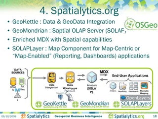 4. Spatialytics.org
   • GeoKettle : Data & GeoData Integration
   • GeoMondrian : Saptial OLAP Server (SOLAP)
   • Enriched MDX with Spatial capabilities
   • SOLAPLayer : Map Component for Map-Centric or
     “Map-Enabled” (Reporting, Dashboards) applications

        DATA
      SOURCES                                             MDX
                       ET                                       End‐User Applications
                       L
                                   Data
      BDM     flat
             files               Warehouse       (SOLA
       S                                                                        Thematic
                                                   P)                           Mapping
        sensor
          s




06/10/2009                  Geospatial Business Intelligence                               18
 
