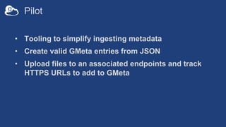 Pilot
• Tooling to simplify ingesting metadata
• Create valid GMeta entries from JSON
• Upload files to an associated endp...