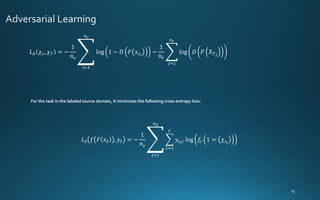 For the task in the labeled source domain, it minimizes the following cross-entropy loss:
𝐿𝑆 𝑓 𝐹 𝑥𝑆 , 𝑦𝑆 = −
1
𝑛𝑠
ා
𝑖=1
𝑛𝑆
෍
𝑐=1
𝐶
𝑦𝑠𝑖𝑐 log 𝑓𝑐 1 = 𝜒𝑠𝑖
𝐿𝐴 𝜒𝑠, 𝜒𝑇 = −
1
𝑛𝑠
ා
𝑖=1
𝑛𝑠
log 1 − 𝐷 𝐹 𝑥𝑠𝑖
−
1
𝑛𝑡
෎
𝑗=1
𝑛𝑡
log 𝐷 𝐹 𝑋𝑇𝑗
 