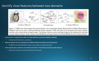 • In prior work, we explored the effect of model selection on domains adaption methods
• 16 deep neural networks on 12 domains
• Distance between the source/target from different feature extractors can be shortened
• ShuffleNet and NasnetMobile are closer to each other in projected 2D space
• In the original space, features can be closer each other → two feature sets have similar distance.
• Important to identify close features between two domains
 