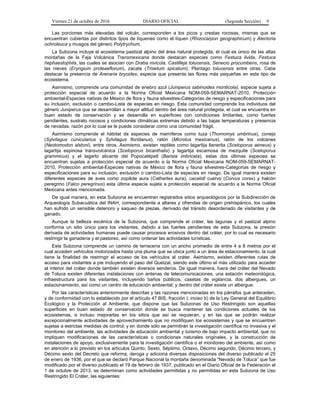 Viernes 21 de octubre de 2016 DIARIO OFICIAL (Segunda Sección) 9
Las porciones más elevadas del volcán, corresponden a los picos y crestas rocosas, mismas que se
encuentran cubiertas por distintos tipos de líquenes como el líquen (Rhizocarpon geographicum) y Alectoria
ochroleuca y musgos del género Polytrychum.
La Subzona incluye el ecosistema pastizal alpino del área natural protegida, el cual es único de las altas
montañas de la Faja Volcánica Transmexicana donde destacan especies como Festuca livida, Festuca
hephaestophila, las cuales se asocian con Draba nivicola, Castilleja tolucensis, Senecio procumbens, rosa de
las nieves (Eryngium proteaeflorum), zacate (Trisetum spicatum), Plantago tolucensis entre otras. Cabe
destacar la presencia de Arenaria bryoides, especie que presenta las flores más pequeñas en este tipo de
ecosistema.
Asimismo, comprende una comunidad de enebro azul (Juniperus sabinoides monticola), especie sujeta a
protección especial de acuerdo a la Norma Oficial Mexicana NOM-059-SEMARNAT-2010, Protección
ambiental-Especies nativas de México de flora y fauna silvestres-Categorías de riesgo y especificaciones para
su inclusión, exclusión o cambio-Lista de especies en riesgo. Esta comunidad comprende los individuos del
género Juniperus que se desarrollan a mayor altitud dentro del área natural protegida, el cual se encuentra en
buen estado de conservación y se desarrolla en superficies con condiciones limitantes, como fuertes
pendientes, sustrato rocosos y condiciones climáticas extremas debido a las bajas temperaturas y presencia
de nevadas, razón por lo cual se le puede considerar como una comunidad frágil.
Asimismo comprende el hábitat de especies de mamíferos como tuza (Thomomys umbrinus), conejo
(Sylvilagus cunicularius y Sylvilagus floridanus), ratón (Microtus mexicanus), ratón de los volcanes
(Neotomodon alstoni), entre otros. Asimismo, existen reptiles como lagartija llanerita (Sceloporus aeneus) y
lagartija espinosa transvolcánica (Sceloporus bicanthalis) y lagartija escamosa de mezquite (Sceloporus
grammicus) y el lagarto alicante del Popocatépetl (Barisia imbricata), estas dos últimas especies se
encuentran sujetas a protección especial de acuerdo a la Norma Oficial Mexicana NOM-059-SEMARNAT-
2010, Protección ambiental-Especies nativas de México de flora y fauna silvestres-Categorías de riesgo y
especificaciones para su inclusión, exclusión o cambio-Lista de especies en riesgo. De igual manera existen
diferentes especies de aves como zopilote aura (Cathartes aura), cacalotl cuervo (Corvus corax) y halcón
peregrino (Falco peregrinus) esta última especie sujeta a protección especial de acuerdo a la Norma Oficial
Mexicana antes mencionada.
De igual manera, en esta Subzona se encuentran registrados sitios arqueológicos por la Subdirección de
Arqueología Subacuática del INAH, correspondiente a altares y ofrendas de origen prehispánico, los cuales
han sufrido un sensible deterioro y saqueo de piezas, derivado del tránsito desordenado de visitantes y de
ganado.
Aunque la belleza escénica de la Subzona, que comprende el cráter, las lagunas y el pastizal alpino
conforma un sitio único para los visitantes, debido a las fuertes pendientes de esta Subzona, la presión
derivada de actividades humanas puede causar procesos erosivos dentro del cráter, por lo cual es necesario
restringir la ganadería y el pastoreo, así como ordenar las actividades turísticas.
Esta Subzona comprende un camino de terracería con un ancho promedio de entre 4 a 8 metros por el
cual acceden vehículos motorizados hasta una pluma que se ubica junto a un área de estacionamiento, la cual
tiene la finalidad de restringir el acceso de los vehículos al cráter. Asimismo, existen diferentes rutas de
acceso para visitantes a pie incluyendo el paso del Quetzal, siendo este último el más utilizado para acceder
al interior del cráter donde también existen diversos senderos. De igual manera, fuera del cráter del Nevado
de Toluca existen diferentes instalaciones con antenas de telecomunicaciones, una estación meteorológica,
infraestructura para los visitantes, incluyendo baños públicos, casetas de vigilancia, dos albergues, un
estacionamiento, así como un centro de educación ambiental; y dentro del cráter existe un albergue.
Por las características anteriormente descritas y las razones mencionadas en los párrafos que anteceden,
y de conformidad con lo establecido por el artículo 47 BIS, fracción I, inciso b) de la Ley General del Equilibrio
Ecológico y la Protección al Ambiente, que dispone que las Subzonas de Uso Restringido son aquellas
superficies en buen estado de conservación donde se busca mantener las condiciones actuales de los
ecosistemas, e incluso mejorarlas en los sitios que así se requieran, y en las que se podrán realizar
excepcionalmente actividades de aprovechamiento que no modifiquen los ecosistemas y que se encuentren
sujetas a estrictas medidas de control; y en donde sólo se permitirán la investigación científica no invasiva y el
monitoreo del ambiente, las actividades de educación ambiental y turismo de bajo impacto ambiental, que no
impliquen modificaciones de las características o condiciones naturales originales, y la construcción de
instalaciones de apoyo, exclusivamente para la investigación científica o el monitoreo del ambiente, así como
en atención a lo previsto en los artículos Quinto, Sexto, Séptimo, Octavo, Décimo segundo, Décimo tercero, y
Décimo sexto del Decreto que reforma, deroga y adiciona diversas disposiciones del diverso publicado el 25
de enero de 1936, por el que se declaró Parque Nacional la montaña denominada “Nevado de Toluca” que fue
modificado por el diverso publicado el 19 de febrero de 1937, publicado en el Diario Oficial de la Federación el
1 de octubre de 2013, se determinan como actividades permitidas y no permitidas en esta Subzona de Uso
Restringido El Cráter, las siguientes:
 