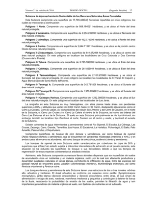 Viernes 21 de octubre de 2016 DIARIO OFICIAL (Segunda Sección) 17
Subzona de Aprovechamiento Sustentable de los Recursos Naturales Áreas Forestales
Esta Subzona comprende una superficie de 17,785.484040 hectáreas repartidas en once polígonos, los
cuales se mencionan a continuación:
Polígono 1 Norte. Comprende una superficie de 958.184021 hectáreas, y se ubica al Norte del área
natural protegida.
Polígono 2 Amanalco. Comprende una superficie de 2,654.239990 hectáreas, y se ubica al Noroeste del
área natural protegida.
Polígono 3 Almoloya. Comprende una superficie de 492.779999 hectáreas, y se ubica al Norte del área
natural protegida.
Polígono 4 Centro. Comprende una superficie de 3,644.719971 hectáreas, y se ubica en la porción centro
Oeste del área natural protegida.
Polígono 5 Zinacantepec. Comprende una superficie de 841.572998 hectáreas, y se ubica al centro del
área natural protegida. En este polígono se localizan las localidades de Cruz Colorada y Dos Caminos
(Crucero de la Puerta).
Polígono 6 Toluca. Comprende una superficie de 3,785.100098 hectáreas, y se ubica al Este del área
natural protegida.
Polígono 7 Calimaya. Comprende una superficie de 281.036011 hectáreas, y se ubica al Este del área
natural protegida.
Polígono 8 Temascaltepec. Comprende una superficie de 2,181.979980 hectáreas, y se ubica al
Suroeste del área natural protegida. En este polígono se localizan las localidades de El Varal, El Capulín y
Agua Blanca Ejido de Santa María del Monte.
Polígono 9 Tenango A. Comprende una superficie de 342.781006 hectáreas, y se ubica al Sureste del
área natural protegida.
Polígono 10 Tenango B. Comprende una superficie de 1,370.709961 hectáreas, y se ubica al Sureste del
área natural protegida.
Polígono 11 Coatepec Harinas. Comprende una superficie de 1,232.380005 hectáreas, y se ubica al Sur
del área natural protegida. En este polígono se localizan las localidades de Las Jaras.
La orografía en esta Subzona es muy heterogénea, con sitios planos hasta áreas con pendientes
superiores a 80%, y altitudes que varían de 3,000 msnm hasta 3,740 msnm, destacando elevaciones como el
Cerro La Cañada, Cerro El Jabalí, así como laderas del volcán San Antonio y del Cerro El Calvario, en el norte
de la Subzona; el Cerro Las Cruces y el Cerro La Calera al centro de la Subzona; así como las laderas del
Cerro Las Palomas al sur de la Subzona. El suelo en esta Subzona principalmente es de tipo Andosol, sin
embargo también se localizan tipo Cambisol al norte; Feozem en el centro y oeste; y Leptosol al sureste
de la Subzona.
Existen corrientes de agua intermitentes y permanentes como el Río Oyamel, El Escoba, La Ciénega, Las
Cruces, Zacango, Cano, Grande, Terrerillos, Los Hoyos, El Zacatonal, La Hortaliza, Pichontagüi, El Salto, Palo
Amarillo, Paso Ancho y Chiquihuitero.
Comprende superficies de bosque de pino densos y semidensos, así como bosque de oyamel
(Abies religiosa) densos y semidensos, que se encuentran en pendientes moderadas (menores a 40%), y en
ambos casos el renuevo es abundante, así como bosque de aile (Alnus jorullensis) denso y semidenso.
Los bosques de oyamel de esta Subzona están caracterizados por coberturas de copa de 50% y
superiores que si bien han estado sujetos a diferentes intensidades de extracción en el pasado reciente, esta
situación no ha reducido las superficies de bosque o sus densidades debido a que los tiempos de
regeneración de estas especies contrarrestan al arbolado extraído.
Asimismo, esta Subzona comprende numerosos llanos aluviales dispersos que son superficies de suelos
de acumulación ricos en nutrientes y en materia orgánica, razón por la cual son altamente productivos y
desarrollan pastizales naturales en áreas planas, permitiendo la infiltración de agua. Entre las especies del
pastizal natural se encuentra pasto, zacatón (Muhlenbergia montana), Muhlenbergia tricholepis, así como
Festuca orizabensis y Festuca rubra.
Los bosques densos y semidensos de esta Subzona tienen una estructura de dos a tres doseles: arbóreo
alto, arbustivo y herbáceo. El dosel arbustivo se conforma por especies como perlilla (Symphoricarpos
microphyllus), jarilla blanca (Senecio cinerarioides) y Senecio procumbens, entre otras, el cual sirven de
alimentación y refugio de aves, roedores, mamíferos medianos y pequeños y contribuyen a detener la fuerza
de la lluvia, reduciendo la probabilidad de erosión de los suelos, permiten la filtración de agua y son
importantes generadores de materia orgánica al suelo, son fijadores de nutrientes en el subsuelo.
 