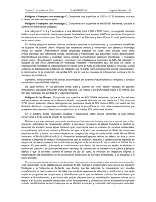 Viernes 21 de octubre de 2016 DIARIO OFICIAL (Segunda Sección) 33
Polígono 4 Bosques con muérdago C. Comprende una superficie de 7,875.410156 hectáreas, ubicado
al Oeste del área natural protegida.
Polígono 5 Bosques con muérdago D. Comprende una superficie de 66.657097 hectáreas, ubicado al
Sureste del área natural protegida.
Los polígonos 2, 3, 4 y 5 se localizan a una altitud de entre 3,000 y 3,700 msnm, con orografía compleja
debido a que se encuentran desde áreas planas hasta laderas que superan el 60% de pendiente. Comprende
las elevaciones conocidas como Cerro Calotepec, Cerro Las Palomas y Cerro Gordo. El suelo predominante
es de tipo Andosol.
En dichos polígonos existen diversas corrientes perennes e intermintentes, y comprenden superficies
de bosques de oyamel (Abies religiosa) con coberturas densas y semidensas con presencia muérdago
enano de oyamel (Arceuthobium abietis religiosae); bosques de ocote, pino amarillo, pino chino
(Pinus hartwegii) con coberturas densas, semidensas y fragmentado que presentan insecto descortezador
(Dendroctonus adjunctus) y muérdago enano amarillo (Arceuthobium globosum grandicaule) y muérdago
enano negro (Arceuthobium vaginatum vaginatum) con infestaciones superiores al 50% del arbolado; y
bosques de aile (Alnus jorullensis) con muérdago verdadero (Phoradendron sp.). En todos los casos, la
infestación de muérdago se presentan tanto en ramas como en fuste en individuos adultos y renuevos, lo cual
evidencia el debilitamiento o deterioro del arbolado, que ha traído como consecuencia la poca regeneración y
la disminución de la producción de semilla fértil, por lo cual es necesaria la intervención humana a fin de
recuperar el ecosistema.
Asimismo, existe presencia de insecto descortezador del oyamel (Pseudohylesinus variegatus y Scolytus
mundus) en oyamel (Abies religiosa).
De igual manera, en las porciones Norte, Este y Sureste del cráter existen cárcavas de grandes
dimensiones, las cuales presentan anchuras mayores a 30 metros y una profundidad mayor a 40 metros, que
han sido originadas por pérdida de la cobertura forestal.
Polígono 6 San Gaspar. Comprende una superficie de 428.785004 hectáreas, ubicado al Sur del área
natural protegida al oriente de la Barranca Honda, comprende altitudes que van desde los 3,360 hasta los
3,720 msnm, presentan relieve heterogéneo con pendientes desde el 10% hasta el 60%, con suelos de tipo
Andosol. Asimismo, comprenden superficies de bosques de pino (Pinus sp.) con coberturas semidensas que
presentan descortezador (Dendroctonus adjunctus) en al menos 30% de la masa forestal.
En la subzona existe vegetación acuática y subacuática sobre cauces existentes, la cual deberá
conservarse a fin de evitar la erosión de los mismos.
Debido a que esta subzona comprende ecosistemas forestales de bosques de pino y oyamel que si bien
requieren actividades de recuperación debido a que tienen presencia de plagas forestales o pérdida de
densidad de arbolado, éstos siguen teniendo gran importancia para la provisión de servicios ambientales,
principalmente captura de carbono y filtración de agua, a la vez que representan el hábitat de numerosas
especies de flora y fauna, incluyendo especies en categoría de riesgo de conformidad con la Norma Oficial
Mexicana NOM-059-SEMARNAT-2010, Protección ambiental-Especies nativas de México de flora y fauna
silvestres-Categorías de riesgo y especificaciones para su inclusión, exclusión o cambio-Lista de especies en
riesgo, es necesario preservar las condiciones ecológicas de la subzona a fin de no alterar el hábitat de la
especie. En ese sentido, y tomando en consideración que dentro de la subzona no existen localidades ni
centros de población, se considera necesario restringir la construcción de infraestructura pública y privada,
debido a que tal actividad conlleva el cambio de uso de suelo, la remoción de vegetación original, la
fragmentación del ecosistema con la consecuente disminución de servicios ambientales, y se ahuyenta a la
fauna silvestre.
Por las características anteriormente descritas, y las razones mencionadas en los párrafos que anteceden
y de conformidad con lo establecido por el artículo 47 BIS, fracción II, inciso h) de la Ley General del Equilibrio
Ecológico y la Protección al Ambiente, que dispone que las subzonas de recuperación son aquellas
superficies en las que los recursos naturales han resultado severamente alterados o modificados, y que serán
objeto de programas de recuperación y rehabilitación, por lo que no deberán continuar las actividades que
llevaron a dicha alteración; y en donde sólo podrán utilizarse para su rehabilitación, especies nativas de la
región o en su caso, especies compatibles con el funcionamiento y la estructura de los ecosistemas originales
cuando científicamente se compruebe que no se afecta la evolución y continuidad de los procesos naturales,
 