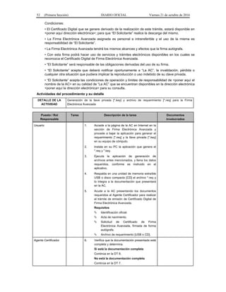 52 (Primera Sección) DIARIO OFICIAL Viernes 21 de octubre de 2016
Condiciones:
• El Certificado Digital que se genere derivado de la realización de este trámite, estará disponible en
<poner aquí dirección electrónica>; para que “El Solicitante” realice la descarga del mismo.
• La Firma Electrónica Avanzada asignada es personal e intransferible y el uso de la misma es
responsabilidad de “El Solicitante”.
• La Firma Electrónica Avanzada tendrá los mismos alcances y efectos que la firma autógrafa.
• Con esta firma podrá hacer uso de servicios y trámites electrónicos disponibles en los cuales se
reconozca el Certificado Digital de Firma Electrónica Avanzada.
• “El Solicitante” será responsable de las obligaciones derivadas del uso de su firma.
• “El Solicitante” acepta que deberá notificar oportunamente a “La AC”, la invalidación, pérdida o
cualquier otra situación que pudiera implicar la reproducción o uso indebido de su clave privada.
• “El Solicitante” acepta las condiciones de operación y límites de responsabilidad de <poner aquí el
nombre de la AC> en su calidad de “La AC” que se encuentran disponibles en la dirección electrónica
<poner aquí la dirección electrónica> para su consulta.
Actividades del procedimiento y su detalle
DETALLE DE LA
ACTIVIDAD
Generación de la llave privada [*.key] y archivo de requerimiento [*.req] para la Firma
Electrónica Avanzada
Puesto / Rol
Responsable
Tarea Descripción de la tarea Documentos
involucrados
Usuario 1. Accede a la página de la AC en Internet en la
sección de Firma Electrónica Avanzada y
procede a bajar la aplicación para generar el
requerimiento [*.req] y la llave privada [*.key]
en su equipo de cómputo.
2. Instala en su PC la aplicación que genera el
*.req y *.key.
3. Ejecuta la aplicación de generación de
archivos antes mencionados, y llena los datos
requeridos, conforme es instruido en el
aplicativo.
4. Respalda en una unidad de memoria extraíble
USB o disco compacto [CD] el archivo *.req y
lo integra a la documentación que presentará
en la AC.
5. Acude a la AC presentando los documentos
requeridos al Agente Certificador para realizar
el trámite de emisión de Certificado Digital de
Firma Electrónica Avanzada.
Requisitos
 Identificación oficial.
 Acta de nacimiento.
 Solicitud de Certificado de Firma
Electrónica Avanzada, firmada de forma
autógrafa.
 Archivo de requerimiento [USB o CD].
Agente Certificador 6. Verifica que la documentación presentada esté
completa y determina.
Sí está la documentación completa
Continúa en la DT 8.
No está la documentación completa
Continúa en la DT 7.
 