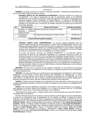 96 (Primera Sección) DIARIO OFICIAL Viernes 21 de octubre de 2016
CLAUSULAS
PRIMERA. Las partes convienen en modificar la Cláusula SEGUNDA Y TERCERA del CONVENIO para
que su texto íntegro quede de la siguiente manera:
SEGUNDA. MONTO DE LOS SUBSIDIOS AUTORIZADOS. El Ejecutivo Federal por conducto de
"LA SECTUR" y con cargo al presupuesto de ésta, ha determinado otorgar a "LA ENTIDAD
FEDERATIVA", por concepto de subsidios y dentro del programa presupuestario "S248 Programa de
Desarrollo Regional Turístico Sustentable y Pueblos Mágicos", un importe de $25'038,233.32
(Veinticinco millones treinta y ocho mil doscientos treinta y tres pesos 00/100 M.N.), los cuales serán
aplicados a los proyectos que a continuación se señalan; hasta por los importes que se mencionan
en el cuadro siguiente:
No. Tipo de Proyecto Nombre del Proyecto Subsidio autorizado
1 Acciones en materia de
seguridad y protección
integral al turista.
Centro de Atención y Protección al Turista. $22’500,000.00
2 Transferencia de
Tecnologías
Programa de Capacitación y Cultura Turística. $2’538,233.31
Importe total del subsidio otorgado $25’038,233.31
TERCERA.- MONTO TOTAL COMPROMETIDO. Los recursos públicos destinados para los
proyectos objeto del presente Convenio alcanzan un monto total de $33’826,466.62 (Treinta y tres
millones ochocientos veintiséis mil cuatrocientos sesenta y seis pesos 62/100 M.N.), de los cuales
“LA ENTIDAD FEDERATIVA” destinará una cantidad de $8’788,233.31 (Ocho millones setecientos
ochenta y ocho mil doscientos treinta y tres pesos 31/100 M.N.), adicionalmente a la que se otorgará
por parte de “LA SECTUR” conforme a lo establecido en la cláusula anterior.
A la firma del presente Convenio “LA ENTIDAD FEDERATIVA” y “LA SECTUR” deberán
comprometer el gasto por las cantidades establecidas en el presente instrumento jurídico, en
términos del artículo 4, fracción XIV, de la Ley General de Contabilidad Gubernamental. Por lo tanto,
el presente fungirá como documentación justificativa del compromiso de tales recursos y a la vez
acreditará la suficiencia presupuestaria con que cuenta “LA ENTIDAD FEDERATIVA” para iniciar los
procedimientos de contratación necesarios para la ejecución de los proyectos que se refieren en la
Cláusula SEGUNDA; en cumplimiento a lo dispuesto por la Ley de Adquisiciones, Arrendamientos y
Servicios del Sector Público o la Ley de Obras Públicas y Servicios Relacionados con las Mismas,
y sus Reglamentos, según corresponda.
SEGUNDA. El Anexo que se menciona en las cláusulas modificadas en los términos de la cláusula
anterior de este instrumento, se modifica de la misma manera y se agrega al presente Convenio Modificatorio
como parte integrante de él.
TERCERA. Las partes acuerdan que a excepción de lo que expresamente se establece en este Convenio
Modificatorio, el cual pasará a formar parte integrante del CONVENIO, las Cláusulas que no fueron
modificadas continuarán vigentes en los términos y condiciones estipulados en el CONVENIO, por lo que
éstas regirán y se aplicarán con toda su fuerza, subsistiendo plenamente todas las demás obligaciones y
derechos contenidos en el mismo, salvo las modificaciones pactadas en este instrumento.
CUARTA. Cualquier duda que surgiese por la interpretación de este instrumento o sobre los asuntos que
no estén expresamente previstos en el mismo, las partes se sujetarán en todo momento a lo establecido en el
CONVENIO.
QUINTA. Este Convenio Modificatorio empezará a surtir efectos a partir de la fecha de su suscripción y
será publicado en el Diario Oficial de la Federación y en el órgano de difusión oficial de "LA ENTIDAD
FEDERATIVA", dentro de los 15 días hábiles posteriores a su formalización.
"Este Programa es público, ajeno a cualquier partido político. Queda prohibido el uso para fines distintos a
los establecidos en el programa"
Estando enteradas las partes del contenido y alcance legal del presente Segundo Convenio Modificatorio
al Convenio de Coordinación para el Otorgamiento de un Subsidio en Materia de Desarrollo Turístico
celebrado el 26 de febrero de 2016; lo firman por duplicado de conformidad y para constancia, el día 6 de
septiembre de 2016.- Por el Ejecutivo Federal, la SECTUR: el Titular de la Secretaría de Turismo, Enrique de
la Madrid Cordero.- Rúbrica.- El Subsecretario de Innovación y Desarrollo Turístico, Rubén Gerardo Corona
González.- Rúbrica.- El Director General de Gestión de Destinos Turísticos, José Angel Díaz Rebolledo.-
Rúbrica.- Por el Ejecutivo del Estado Libre y Soberano de Baja California Sur: el Gobernador Constitucional
del Estado, Carlos Mendoza Davis.- Rúbrica.- El Secretario General de Gobierno, Alvaro de la Peña
Angulo.- Rúbrica.- El Secretario de Finanzas y Administración, Isidro Jordán Moyrón.- Rúbrica.-
El Secretario de Turismo, Luis Genaro Ruiz Hernández.- Rúbrica.- La Contralora General del Estado, Sonia
Murillo Manríquez.- Rúbrica.
 