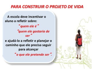 PARA CONSTRUIR O PROJETO DE VIDA
A escola deve incentivar o
aluno a refletir sobre:
“quem ele é”
“quem ele gostaria de
ser”
e ajudá-lo a refletir e planejar o
caminho que ele precisa seguir
para alcançar
“o que ele pretende ser”.
 