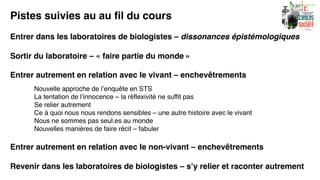 Pistes suivies au au fil du cours
Entrer dans les laboratoires de biologistes – dissonances épistémologiques
Sortir du laboratoire – « faire partie du monde »
Entrer autrement en relation avec le vivant – enchevêtrements
Nouvelle approche de l’enquête en STS
La tentation de l’innocence – la réflexivité ne suffit pas
Se relier autrement
Ce à quoi nous nous rendons sensibles – une autre histoire avec le vivant
Nous ne sommes pas seul.es au monde
Nouvelles manières de faire récit – fabuler
Entrer autrement en relation avec le non-vivant – enchevêtrements
Revenir dans les laboratoires de biologistes – s’y relier et raconter autrement
 