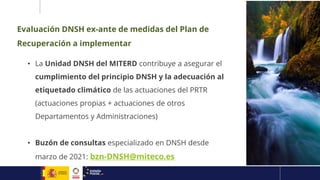 • La Unidad DNSH del MITERD contribuye a asegurar el
cumplimiento del principio DNSH y la adecuación al
etiquetado climáti...