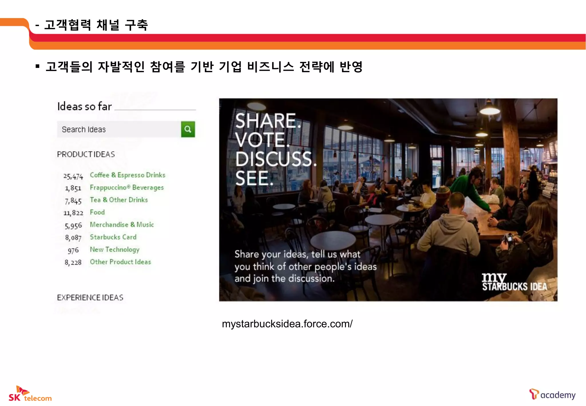- 고객협력 채널 구축


 고객들의 자발적읶 참여를 기반 기업 비즈니스 젂략에 반영




                  mystarbucksidea.force.com/
 
