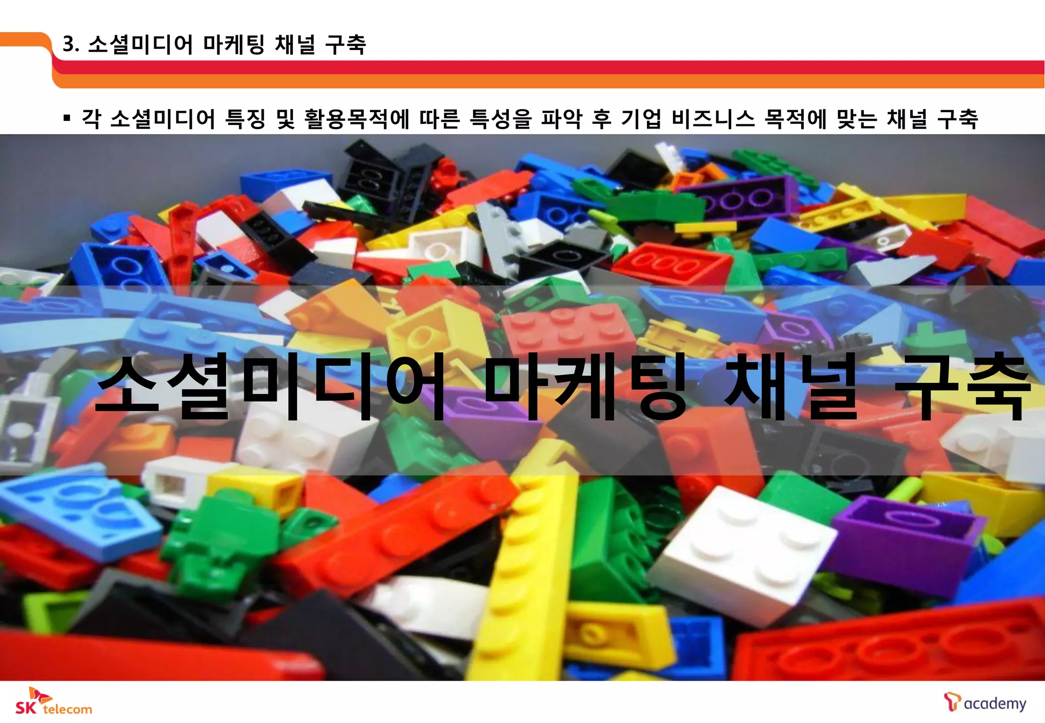 3. 소셜미디어 마케팅 채널 구축


 각 소셜미디어 특징 및 활용목적에 따른 특성을 파악 후 기업 비즈니스 목적에 맞는 채널 구축




 소셜미디어 마케팅 채널 구축
 