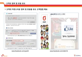 - 고객의 참여 및 반응 유도


 고객의 자연스러운 참여 및 반응을 유도 고객접점 확보




     www.facebook.com/yes24       www.facebook.com/olleh.fb
 