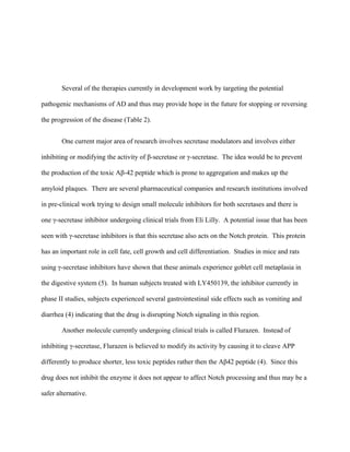 Several of the therapies currently in development work by targeting the potential
pathogenic mechanisms of AD and thus may provide hope in the future for stopping or reversing
the progression of the disease (Table 2).
One current major area of research involves secretase modulators and involves either
inhibiting or modifying the activity of β-secretase or γ-secretase. The idea would be to prevent
the production of the toxic Aβ-42 peptide which is prone to aggregation and makes up the
amyloid plaques. There are several pharmaceutical companies and research institutions involved
in pre-clinical work trying to design small molecule inhibitors for both secretases and there is
one γ-secretase inhibitor undergoing clinical trials from Eli Lilly. A potential issue that has been
seen with γ-secretase inhibitors is that this secretase also acts on the Notch protein. This protein
has an important role in cell fate, cell growth and cell differentiation. Studies in mice and rats
using γ-secretase inhibitors have shown that these animals experience goblet cell metaplasia in
the digestive system (5). In human subjects treated with LY450139, the inhibitor currently in
phase II studies, subjects experienced several gastrointestinal side effects such as vomiting and
diarrhea (4) indicating that the drug is disrupting Notch signaling in this region.
Another molecule currently undergoing clinical trials is called Flurazen. Instead of
inhibiting γ-secretase, Flurazen is believed to modify its activity by causing it to cleave APP
differently to produce shorter, less toxic peptides rather then the Aβ42 peptide (4). Since this
drug does not inhibit the enzyme it does not appear to affect Notch processing and thus may be a
safer alternative.
 