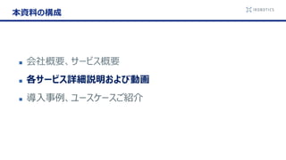 ◼ 会社概要、サービス概要
◼ 各サービス詳細説明および動画
◼ 導入事例、ユースケースご紹介
本資料の構成
 