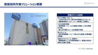 ※アイ・ロボティクス固有の技術
搭載されている技術
吊り下げ機構（ドローン）
・上空から吊り下げ、縦方向の移動をコントロール。
・連動制御型ウィンチ（※）を利用して自動化。
２次元吸着作業機
・吸着機構（※）により壁面に吸着し２次元移動
が可能。
・様々な作業モジュールの搭載が可能。
地上モジュール
・高圧給電機構（※）で地上から送電し作業機器
を駆動。
自動化プラットフォーム（開発中）
・連動制御ウィンチの精密制御にて、壁面の任意の
場所に自動で移動。
壁面高所作業ソリューション概要
 