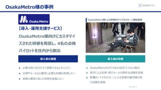 2021/6/14
OsakaMetro様の事例
導入後の効果
● OsakaMetro社内で4名の認定パイロット創出
● 座学による法律・飛行ルールの提供＆試験を実施
● 駅構内・マイクロドローンによる現場作業同様の飛
行試験を実施
【導入・運用支援サービス】
OsakaMetro様向けにカスタマイ
ズされた研修を用意し、4名の点検
パイロットを社内から創出
導入前の課題
● 必要な時に自分たちで調査できるようにしたい
● 法律やルールなど運用に必要な知識も取得したい
● 実際の運用に即した研修を実施したい
OsakaMetro様による駅構内マイクロドローン運転風景
 