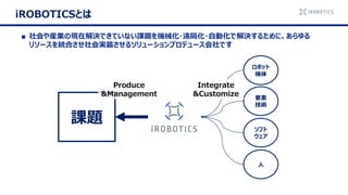 iROBOTICSとは
■ 社会や産業の現在解決できていない課題を機械化・遠隔化・自動化で解決するために、あらゆる
リソースを統合させ社会実装させるソリューションプロデュース会社です
課題
ロボット
機体
要素
技術
ソフト
ウェア
人
Integrate
&Customize
Produce
&Management
 