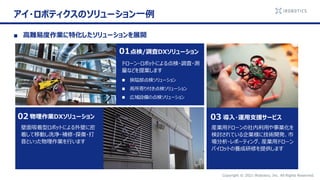 ドローン・ロボットによる点検・調査・測
量などを提案します
◼ 狭隘部点検ソリューション
◼ 高所寄り付き点検ソリューション
◼ 広域設備の点検ソリューション
壁面吸着型ロボットによる外壁に密
着して移動し洗浄・補修・探傷・打
音といった物理作業を行います
産業用ドローンの社内利用や事業化を
検討されている企業様に技術開発、市
場分析・レポーティング、産業用ドローン
パイロットの養成研修を提供します
01点検/調査DXソリューション
02 物理作業DXソリューション 03 導入・運用支援サービス
■ 高難易度作業に特化したソリューションを展開
Copyright © 2021 iRobotics, Inc. All Rights Reserved.
アイ・ロボティクスのソリューション一例
 
