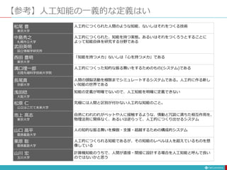 松尾 豊
東京大学
人工的につくられた人間のような知能、ないしはそれをつくる技術
中島秀之
札幌市立大学
武田英明
国立情報学研究所
人工的につくられた、知能を持つ実態。あるいはそれをつくろうとすることに
よって知能自体を研究する分野である
西田 豊明
東京大学
「知能を持つメカ」ないしは「心を持つメカ」である
溝口理一郎
北陸先端科学技術大学院
人工的につくった知的な振る舞いをするためのもの(システム)である
長尾真
京都大学
人間の頭脳活動を極限までシミュレートするシステムである。人工的に作る新し
い知能の世界である
浅田稔
大阪大学
知能の定義が明確でないので、人工知能を明確に定義できない
松原 仁
公立はこだて未来大学
究極には人間と区別が付かない人工的な知能のこと。
池上 高志
東京大学
自然にわれわれがペットや人に接触するような、情動と冗談に満ちた相互作用を、
物理法則に関係なく、あるいは逆らって、人工的につくり出せるシステム
山口 高平
慶應義塾大学
人の知的な振る舞いを模倣・支援・超越するための構成的システム
栗原 聡
慶應義塾大学
人工的につくられる知能であるが、その知能のレベルは人を超えているものを想
像している
山川 宏
玉川大学
計算機知能のうちで、人間が直接・間接に設計する場合を人工知能と呼んで良い
のではないかと思う
【参考】人工知能の一義的な定義はい
 