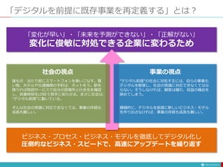 「デジタルを前提に既存事業を再定義する」とは？
「変化が早い」・「未来を予測ができない」・「正解がない」
変化に俊敏に対処できる企業に変わるため
ビジネス・プロセス・ビジネス・モデルを徹底してデジタル化し
圧倒的なビジネス・スピードで、高速にアップデートを繰り返す
誰もが、当たり前にスマートフォンを使いこなす。買
い物、ホテルや交通機関の予約は、ネットをう。駅を
降りれば地図サービスで自分の居場所と行き先を確認
し、到着時刻をLINEで相手に知らせる。まさに社会は、
“デジタル前提”に動いている。
そんな社会の常識に対応できなくては、事業の存続も
成長も難しい。
社会の視点 事業の視点
“デジタル前提”の社会に対処するには、自らの事業も
デジタルを駆使し、社会の常識に対応できなくてはな
らない。そうしなければ、顧客は離れ、収益の機会を
狭めてしまう。
積極的に、デジタルを前提に新しいビジネス・モデル
を作り出さなければ、事業の存続も成長も難しい。
 