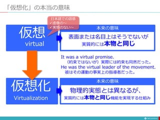 仮想
virtual
表面または名目上はそうでないが
実質的には本物と同じ
本来の意味
「仮想化」の本当の意味
本来の意味
仮想化
Virtualization
物理的実態とは異なるが、
実質的には本物と同じ機能を実現する仕組み
日本語での語感
虚像の〜
実態のない〜
It was a virtual promise.
（約束ではないが）実際には約束も同然だった。
He was the virtual leader of the movement.
彼はその運動の事実上の指導者だった。
 