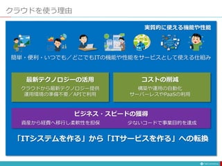 クラウドを使う理由
簡単・便利・いつでも／どこでもITの機能や性能をサービスとして使える仕組み
実質的に使える機能や性能
最新テクノロジーの活用
クラウドから最新テクノロジー提供
運用環境の準備不要／APIで利用
コストの削減
構築や運用の自動化
サーバーレスやPaaSの利用
ビジネス・スピードの獲得
資産から経費へ移行し柔軟性を担保 少ないコードで事業目的を達成
「ITシステムを作る」から「ITサービスを作る」への転換
 