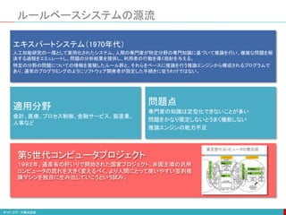 ルールベースシステムの源流
エキスパートシステム（1970年代）
人工知能研究の一環として実用化されたシステム。人間の専門家が特定分野の専門知識に基づいて推論を行い、複雑な問題を解
決する過程をエミュレートし、問題の分析結果を提供し、利用者の行動を導く指針を与える。
特定の分野の問題についての情報を蓄積したルール群と、それらをベースに推論を行う推論エンジンから構成されるプログラムで
あり、通常のプログラミングのようにソフトウェア開発者が設定した手続きに従うわけではない。
適用分野
会計、医療、プロセス制御、金融サービス、製造業、
人事など
問題点
専門家の知識は定型化できないことが多い
問題をかなり限定しないとうまく機能しない
推論エンジンの能力不足
第5世代コンピュータプロジェクト
１９８２年、通産省の肝いりで開始された国家プロジェクト。米国主導の汎用
コンピュータの流れを大きく変えるべく、より人間にとって使いやすい並列推
論マシンを独自に生み出していこうという試み。
 