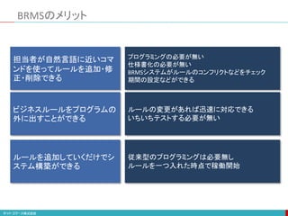 BRMSのメリット
担当者が自然言語に近いコマ
ンドを使ってルールを追加・修
正・削除できる
ビジネスルールをプログラムの
外に出すことができる
ルールを追加していくだけでシ
ステム構築ができる
プログラミングの必要が無い
仕様書化の必要が無い
BRMSシステムがルールのコンフリクトなどをチェック
期間の設定などができる
ルールの変更があれば迅速に対応できる
いちいちテストする必要が無い
従来型のプログラミングは必要無し
ルールを一つ入れた時点で稼働開始
 