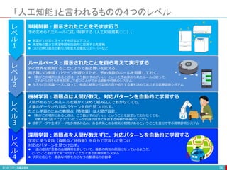 「人工知能」と言われるものの４つのレベル
24
単純制御：指示されたことをそまま行う
予め定められたルールに従い制御する（人工知能搭載○○）。
 気温が上がるとスイッチを切るエアコン
 洗濯物の重さで洗濯時間を自動的に変更する洗濯機
 ひげの伸び具合で剃り方を変える電気シェーバーなど
ルールベース：指示されたことを自ら考えて実行する
外の世界を観測することによって振る舞いを変える。
振る舞いの種類・パターンを増やすため、予め多数のルールを用意しておく。
 「駒がこの場所にあるときは、こう動かすのがいい」といった予め決められたルールに従って、
これからの打ち手を探索して打つことができる囲碁や将棋のシステム
 与えられた知識ベースに従って、検査の結果から診断内容や処方する薬を決めて出力する医療診断システム
機械学習：着眼点は人間が教え、対応パターンを自動的に学習する
人間があらかじめルールを細かく決めて組み込んでおかなくても、
大量のデータから対応パターンを自ら見つけ出す。
ただし学習のための着眼点（特徴量）は人間が設計。
 「駒がこの場所にあるときは、こう動かすのがいい」ということを設定しておかなくても、
対戦を繰り返すことでコンピュータ自身が自分で学習する将棋や囲碁のシステム
 診断データや生体データを多数読み込み、ある病気とある病気に相関があるということを自分で学ぶ医療診断システム
深層学習：着眼点を人間が教えずに、対応パターンを自動的に学習する
学習に使う変数（着眼点／特徴量）を自分で学習して見つけ、
対応のパターンを見つけ出す。
 一連の症状が患者の血糖異常を表していて、複数の病気の原因になっているようだ、
ということを自分で見つけ出すことができる医療診断システム
 状況に応じて、最適な判断をおこなう自動運転の自動車
レ
ベ
ル
１
レ
ベ
ル
２
レ
ベ
ル
３
レ
ベ
ル
４
 