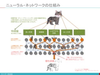 ニューラル・ネットワークの仕組み
長い尻尾 縞模様
しなやかな
四肢
尖った耳 ・・・
猫を認識
特徴量
猫の特徴を示す要素
特定の特徴量に
反応するニューロン
上位階層の特定・複数の
組合せが反応すると
反応するニューロン
上位階層の特定・複数の
組合せが反応すると
反応するニューロン
「猫」が入力されると
強く反応するニューロン
深層学習（ディープラーニング）以前の機械学習は、
人間が設定しなければならなかったが、
深層学習はこれを自分で見つけ出す。
ニューロンとは「神経細胞」。
その繋がりをニューラル・ネットワークという。
 