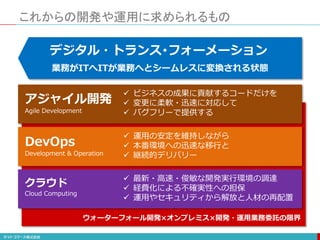 ウォーターフォール開発×オンプレミス×開発・運用業務委託の限界
これからの開発や運用に求められるもの
アジャイル開発
Agile Development
 ビジネスの成果に貢献するコードだけを
 変更に柔軟・迅速に対応して
 バグフリーで提供する
DevOps
Development & Operation
 運用の安定を維持しながら
 本番環境への迅速な移行と
 継続的デリバリー
クラウド
Cloud Computing
 最新・高速・俊敏な開発実行環境の調達
 経費化による不確実性への担保
 運用やセキュリティから解放と人材の再配置
デジタル・トランス･フォーメーション
業務がITへITが業務へとシームレスに変換される状態
 