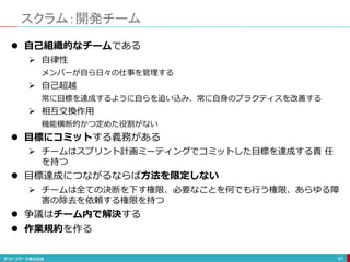 スクラム：開発チーム
61
 自己組織的なチームである
 自律性
メンバーが自ら日々の仕事を管理する
 自己超越
常に目標を達成するように自らを追い込み、常に自身のプラクティスを改善する
 相互交換作用
機能横断的かつ定めた役割がない
 目標にコミットする義務がある
 チームはスプリント計画ミーティングでコミットした目標を達成する責 任
を持つ
 目標達成につながるならば方法を限定しない
 チームは全ての決断を下す権限、必要なことを何でも行う権限、あらゆる障
害の除去を依頼する権限を持つ
 争議はチーム内で解決する
 作業規約を作る
 