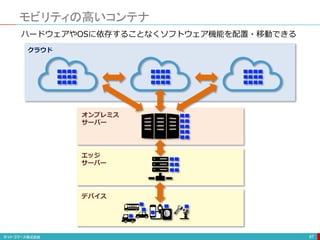 モビリティの高いコンテナ
87
デバイス
エッジ
サーバー
オンプレミス
サーバー
クラウド
ハードウェアやOSに依存することなくソフトウェア機能を配置・移動できる
 