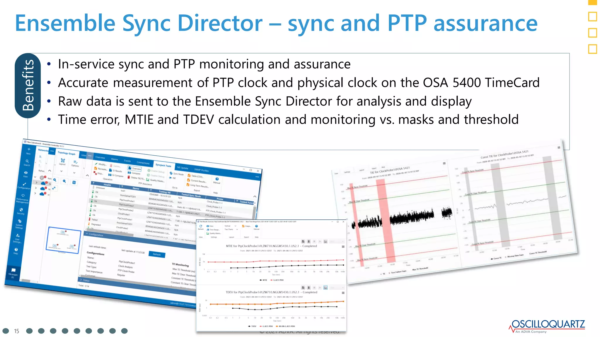 © 2021 ADVA. All rights reserved.
15
Ensemble Sync Director – sync and PTP assurance
• In-service sync and PTP monitoring and assurance
• Accurate measurement of PTP clock and physical clock on the OSA 5400 TimeCard
• Raw data is sent to the Ensemble Sync Director for analysis and display
• Time error, MTIE and TDEV calculation and monitoring vs. masks and threshold
Benefits
 