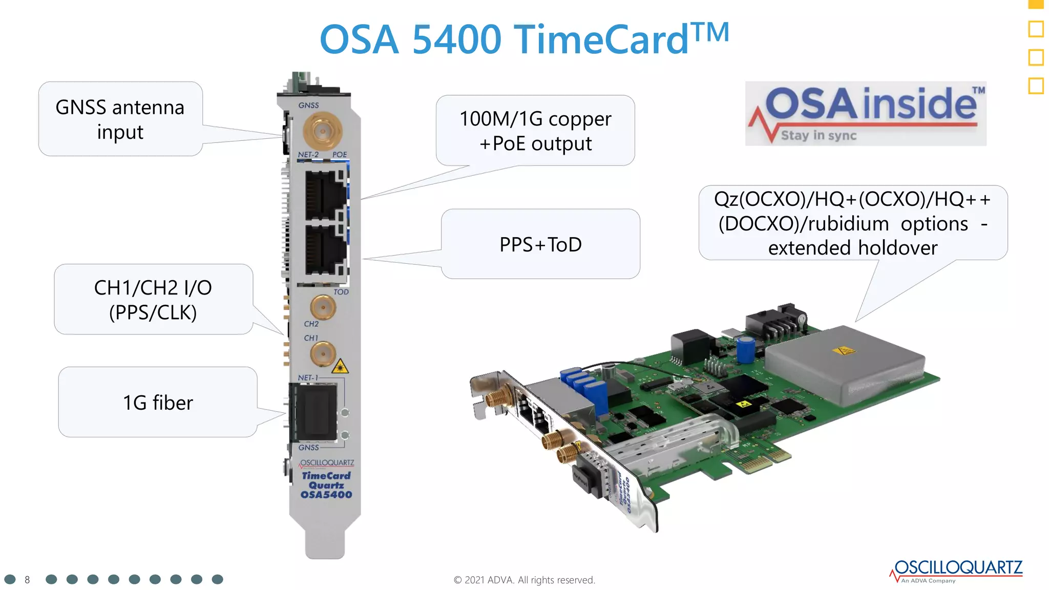 © 2021 ADVA. All rights reserved.
8
OSA 5400 TimeCardTM
100M/1G copper
+PoE output
GNSS antenna
input
PPS+ToD
CH1/CH2 I/O
(PPS/CLK)
1G fiber
Qz(OCXO)/HQ+(OCXO)/HQ++
(DOCXO)/rubidium options -
extended holdover
 