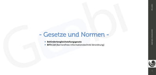 - Gesetze und Normen -
• Behindertengleichstellungsgesetz
• BITV 2.0 (Barrierefreie-Informationstechnik-Verordnung)
1
09.11.2021
Jakob
Epler,
intranda
GmbH
 