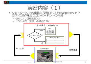 4
4
• シミュレータ上の⾞輪型移動ロボット(Raspberry Piマ
ウス)の操作を⾏うコンポーネントの作成
– GUIにより⽬標速度⼊⼒
– センサ値が⼀定以上の場合に停⽌
実習内容（１）
 