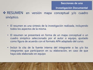 Secciones de una
Investigación Documental
 RESUMEN en versión mapa conceptual y/o cuadro
sinóptico.
• El resumen es una síntesis de la investigación realizada, incluyendo
todos los aspectos de la misma.
• El resumen se presentará en forma de un mapa conceptual o un
cuadro sinóptico seleccionado por el autor o equipo, ajustado
como figura de acuerdo con el formato APA adaptado del curso.
• Incluir la cita de la fuente interna del integrante o las y/o los
integrantes que participaron en su elaboración, en caso de que
haya sido elaborado en equipo
 