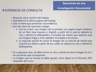Secciones de una
Investigación Documental
EVIDENCIA DE CONSULTA
• Requisito para revisión del trabajo.
• Insertada en la última página del trabajo.
• Solo se tiene que presentar una evidencia.
• Son dos tipos de opciones a elegir.
 Una es incluir una imagen de la portada y/o página legal (créditos)
de un libro (sea impreso o digital), a partir de la cual se redacta su
cita y referencia bibliográfica. Consultar los videos que explican qué
es la página legal y otros detalles vinculadas a la misma.
 La segunda opción es incluir la imagen de un artículo de revista que
muestre los datos a partir de los cuales se redacta su cita y referencia
bibliográfica.
• En cualquiera caso, se debe incluir su cita y referencia de la imagen en la o
las secciones que corresponda
• La imagen que se incluya se debe ajustar cómo figura en el formato APA
adaptado del curso.
 