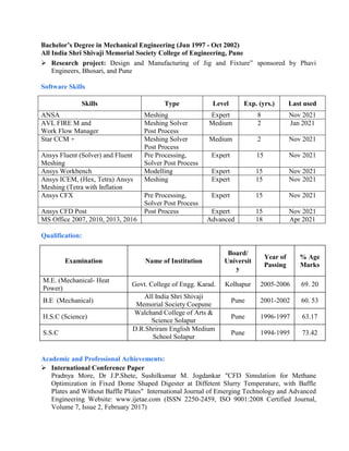 Bachelor’s Degree in Mechanical Engineering (Jun 1997 - Oct 2002)
All India Shri Shivaji Memorial Society College of Engineering, Pune
 Research project: Design and Manufacturing of Jig and Fixture” sponsored by Phavi
Engineers, Bhosari, and Pune
Software Skills
Qualification:
Academic and Professional Achievements:
 International Conference Paper
Pradnya More, Dr J.P.Shete, Sushilkumar M. Jogdankar "CFD Simulation for Methane
Optimization in Fixed Dome Shaped Digester at Diffetent Slurry Temperature, with Baffle
Plates and Without Baffle Plates" International Journal of Emerging Technology and Advanced
Engineering Website: www.ijetae.com (ISSN 2250-2459, ISO 9001:2008 Certified Journal,
Volume 7, Issue 2, February 2017)
Skills Type Level Exp. (yrs.) Last used
ANSA Meshing Expert 8 Nov 2021
AVL FIRE M and
Work Flow Manager
Meshing Solver
Post Process
Medium 2 Jan 2021
Star CCM + Meshing Solver
Post Process
Medium 2 Nov 2021
Ansys Fluent (Solver) and Fluent
Meshing
Pre Processing,
Solver Post Process
Expert 15 Nov 2021
Ansys Workbench Modelling Expert 15 Nov 2021
Ansys ICEM, (Hex, Tetra) Ansys
Meshing (Tetra with Inflation
Meshing Expert 15 Nov 2021
Ansys CFX Pre Processing,
Solver Post Process
Expert 15 Nov 2021
Ansys CFD Post Post Process Expert 15 Nov 2021
MS Office 2007, 2010, 2013, 2016 Advanced 18 Apr 2021
Examination Name of Institution
Board/
Universit
y
Year of
Passing
% Age
Marks
M.E. (Mechanical- Heat
Power)
Govt. College of Engg. Karad. Kolhapur 2005-2006 69. 20
B.E (Mechanical)
All India Shri Shivaji
Memorial Society Coepune
Pune 2001-2002 60. 53
H.S.C (Science)
Walchand College of Arts &
Science Solapur
Pune 1996-1997 63.17
S.S.C
D.R.Shriram English Medium
School Solapur
Pune 1994-1995 73.42
 