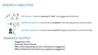 RESEARCH OBJECTIVES
→ Engagement meter
→ Automatic Room Director
→ Effect of learning setting (on-site vs. Remote) on engagement
→ Effect of didactical interventions (i.e. quizzes) on engagement
13
RESEARCH OUTPUT
 