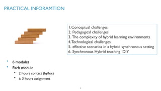 PRACTICAL INFORAMTION
6 modules
Each module
2 hours contact (hyflex)
± 3 hours assignment
20
1.Conceptual challenges
2. Pedagogical challenges
3. The complexity of hybrid learning environments
4.Technological challenges
5. effective scenarios in a hybrid synchronous setting
6. Synchronous Hybrid teaching DIY
 