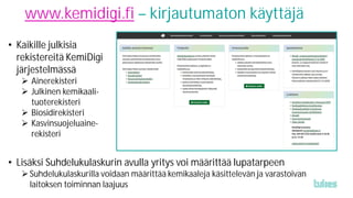 www.kemidigi.fi – kirjautumaton käyttäjä
• Kaikille julkisia
rekistereitä KemiDigi
järjestelmässä
 Ainerekisteri
 Julkin...