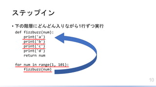 10
ƥåץ
? ¤AӤˤɤɤʤ1ФČg
def fizzbuzz(num):
print('a')
print('b')
print('c')
print('d')
return num
for num in range(1, 101):
fizzbuzz(num)
 