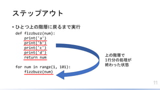 11
ƥåץ
? ҤȤϤAӤˑޤǌg
def fizzbuzz(num):
print('a')
print('b')
print('c')
print('d')
return num
for num in range(1, 101):
fizzbuzz(num)
ϤAӤ
1з֤΄I
Kä״B
 
