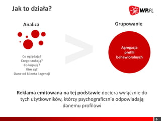 Jak to działa?

      Analiza                              Grupowanie



                                             Agregacja
                                               profili
     Co oglądają?                          behawioralnych
    Czego szukają?
      Co kupują?
       Kim są?
Dane od klienta i agencji




  Reklama emitowana na tej podstawie dociera wyłącznie do
   tych użytkowników, którzy psychograficznie odpowiadają
                     danemu profilowi

                                                            6
 